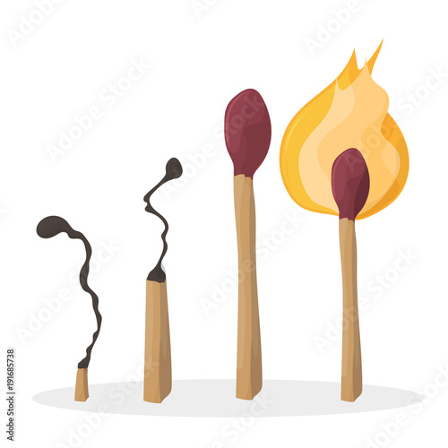 A set of cartoon matches. Burned match. Burning match