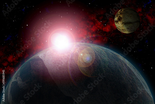 Fototapeta Naklejka Na Ścianę i Meble -  Set Unknown planet. Color star, sun, moon, stars, space nebula. Basis: author's phototextures.