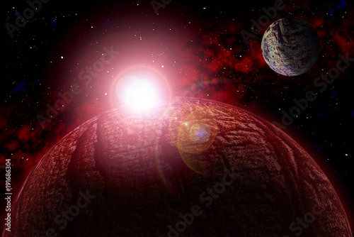 Fototapeta Naklejka Na Ścianę i Meble -  Set Unknown planet. Color star, sun, moon, stars, space nebula. Basis: author's phototextures.