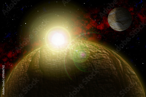 Fototapeta Naklejka Na Ścianę i Meble -  Set Unknown planet. Color star, sun, moon, stars, space nebula. Basis: author's phototextures.