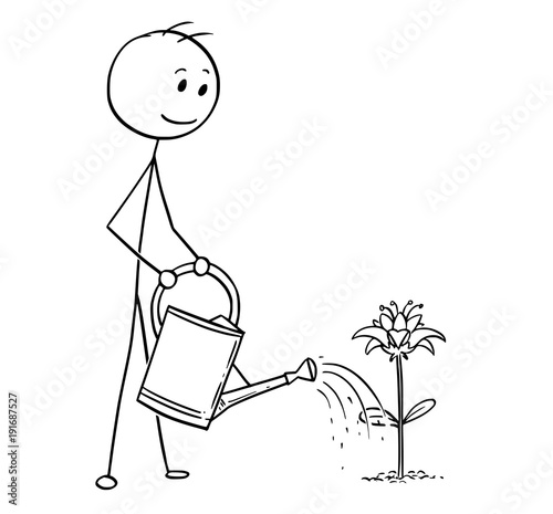 Cartoon stick man drawing illustration of gardener on garden watering blooming plant with can.