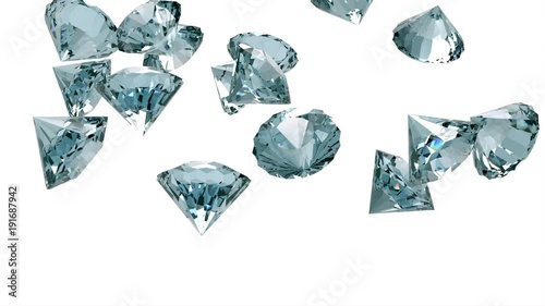 Slowly falling diamonds isolated on white background. 3D rendering