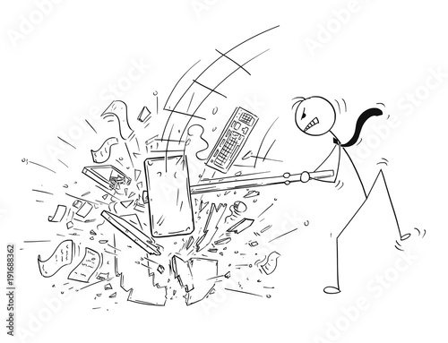 Cartoon stick man drawing conceptual illustration of angry businessman destroying his office computer by large sledgehammer or hammer.