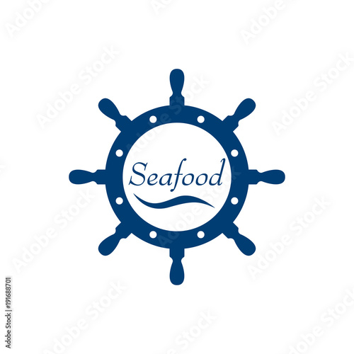 Icono plano con texto Seafood y ola en timón color azul