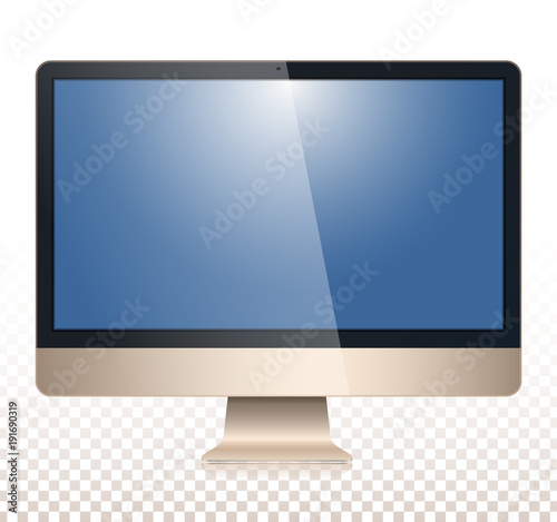 Golden computer, with a blank screen, view front, isolated on white - transparancy background. To represent your application.