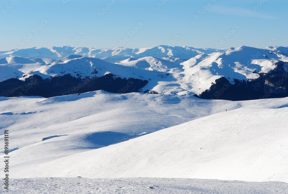 Panoramic view of the Romanian Carpathians from ski slopes of the resort Sinaia.