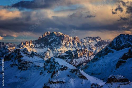 Winter panorama of snowy Dolomites, view from Passo Pordoi