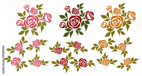 Set of roses. Vector set of isolated bouquets of roses and design elements.