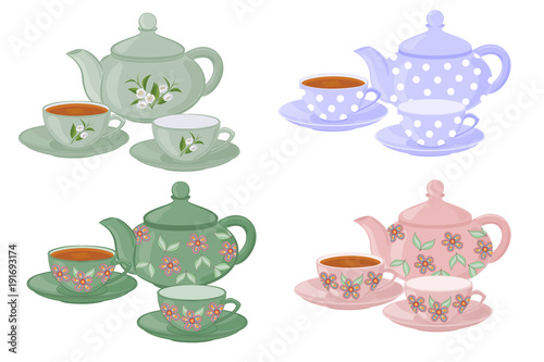 Teapots and cups with different patterns.
