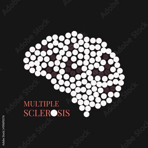 Multiple sclerosis awareness poster with brain made of pills on black background. MS awareness sign. Side view. Medical solidarity day concept. Vector illustration.