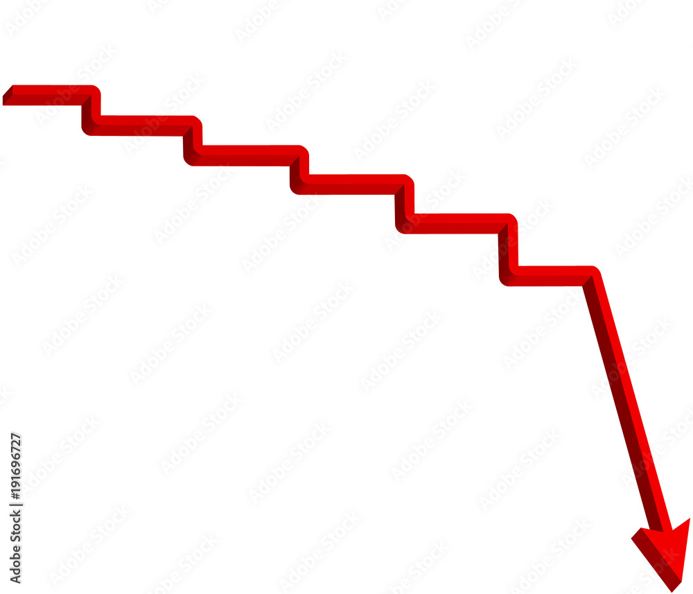 Red arrow step down direction with staircase, 3d illustration isolated on white background with clipping path Red arrow step down direction with staircase, 3d illustration isolated on white background with clipping path