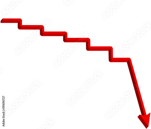 Red arrow step down direction with staircase  3d illustration isolated on white background with clipping path