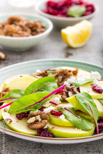 Healthy fruit salad with fresh green apple, cranberry, walnuts, cheese and mangold leaves. Diet menu