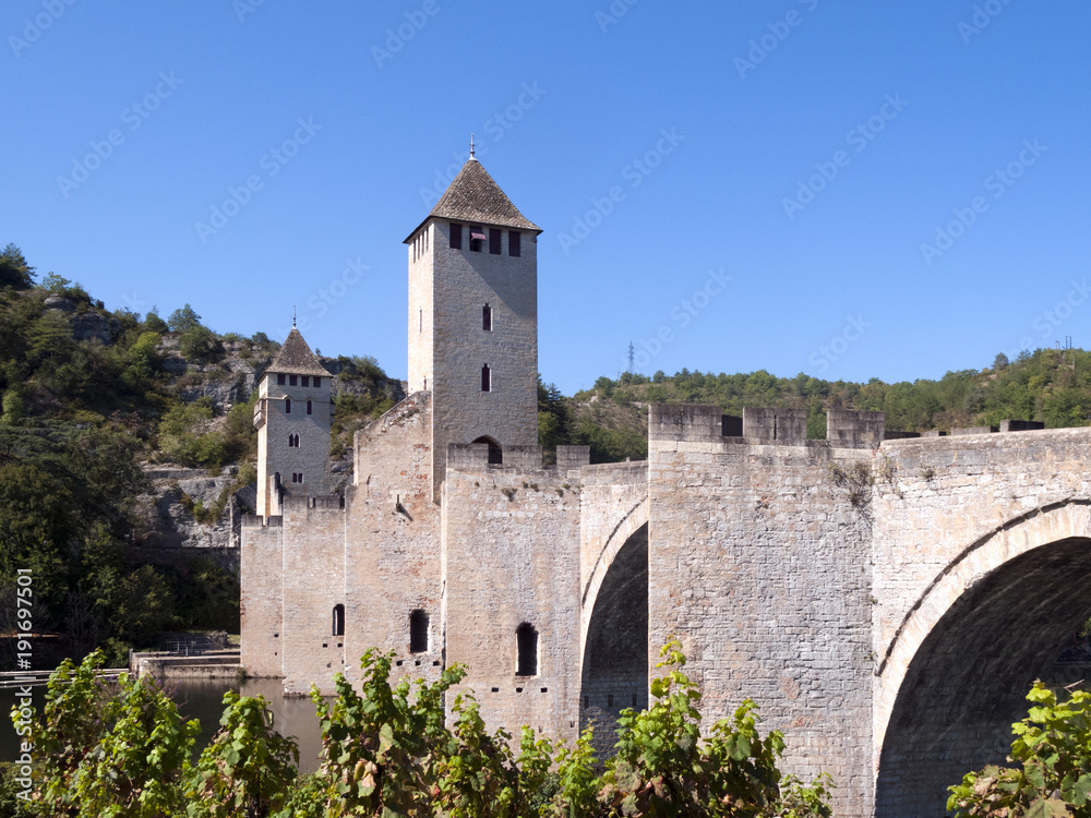 Europe, France, Midi Pyrenees, Lot, the historic Pont Valentre fortified bridge over the Lot River at Cahors