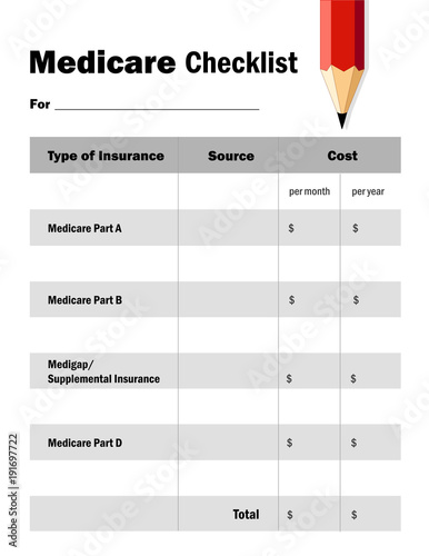 Medicare Checklist Worksheet, Fill in the Blanks, Red Pencil photo