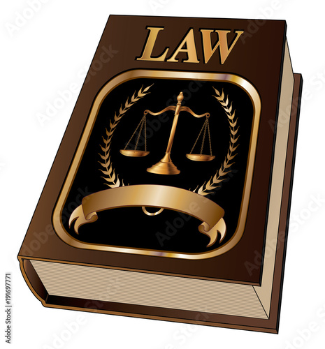 Law Book With Seal is an illustration of a law book used by lawyers and judges with a scale of justice seal and blank banner for your text. Represents legal matters and legal proceedings.