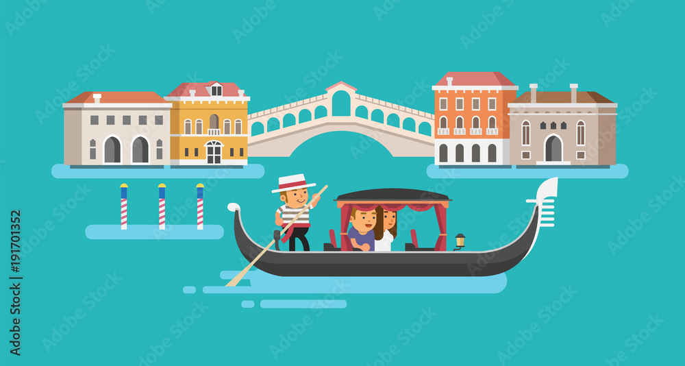 Gondola on Canal Grande in Venice. Vector illustration