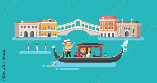 Gondola on Canal Grande in Venice. Vector illustration
