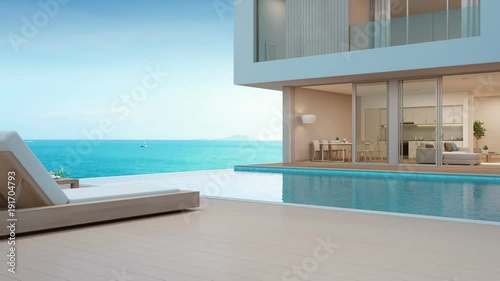 Luxury beach house with sea view swimming pool and terrace in modern design, Lounge chairs on wooden floor deck at vacation home or hotel - 3d illustration of contemporary holiday villa exterior
