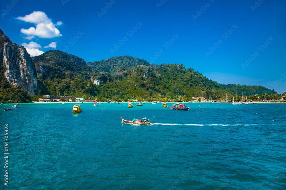 Boats at Ton Sai bay in Ko Phi Phi island, Thailand.