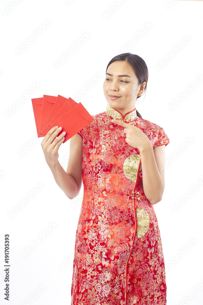 chinese new year woman holding red envelope chinese new year woman holding red envelope