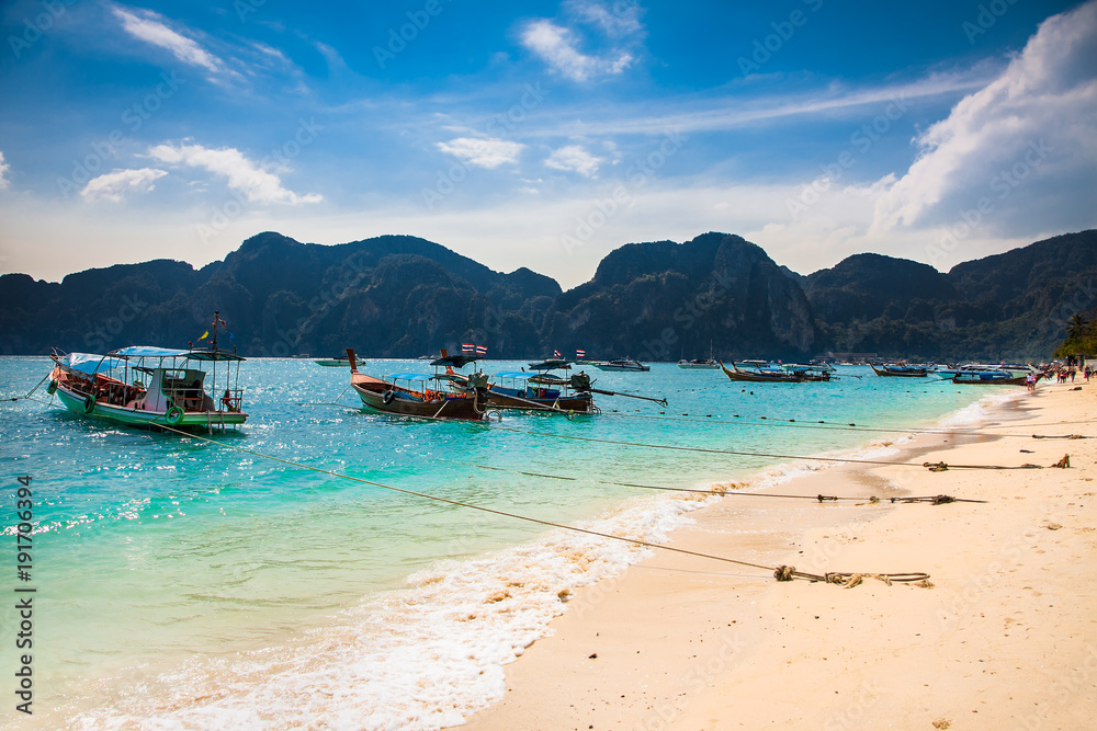 Boats at Viking beach in Ko Phi Phi island , Thailand.