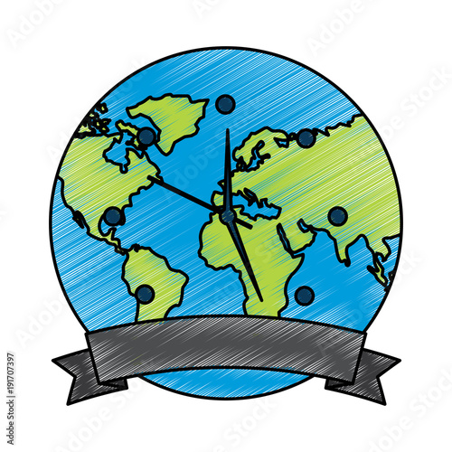 clock with earth planet globe with banner vector illustration drawing image