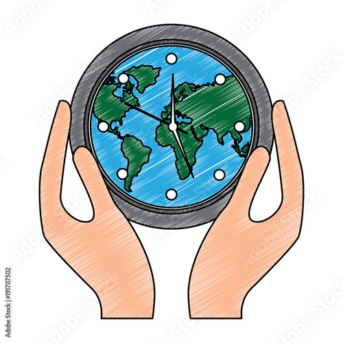 hands holding clock with earth map inside environment safety vector illustration drawing image