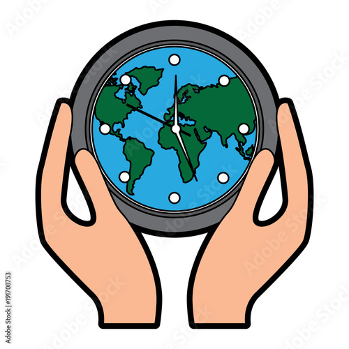 hands holding clock with earth map inside environment safety vector illustration