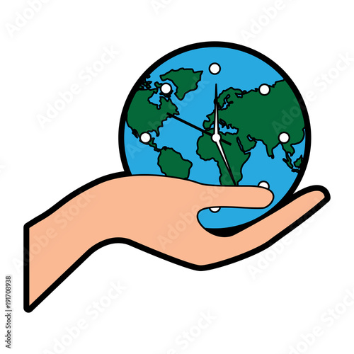 earth globe clock in hand safety concept vector illustration