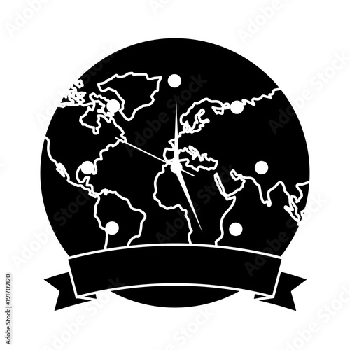 clock with earth planet globe with banner vector illustration pictogram design