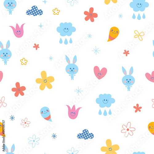 baby bunnies flowers clouds hearts kids seamless pattern