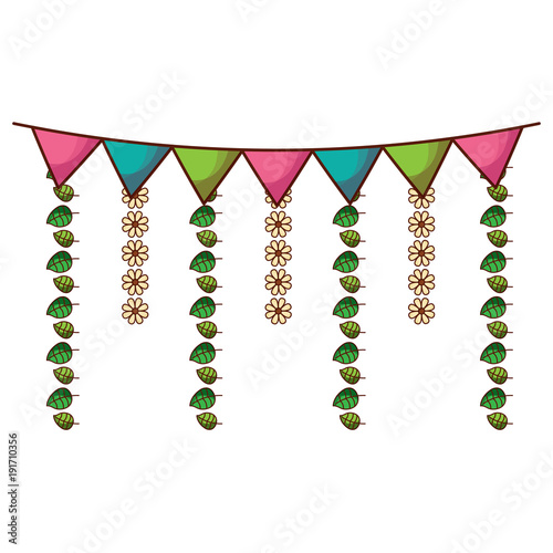 decorative garland flags flower and leaves hanging vector illustration