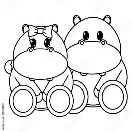 line hippopotamus couple cute animal together