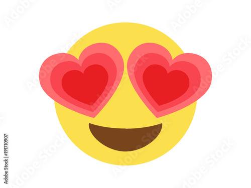 Isolated vector yellow happy face with red heart eyes flat icon