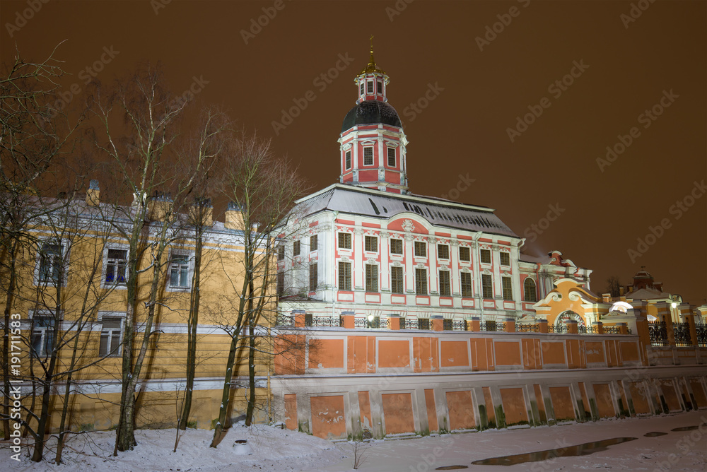 Annunciation Church of the Alexander Nevsky Lavra in the January evening. Saint-Petersburg, Russia