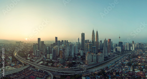 Panorama aerial view in the middle of Kuala Lumpur cityscape skyline , early morning sunrise scene, Malaysia .