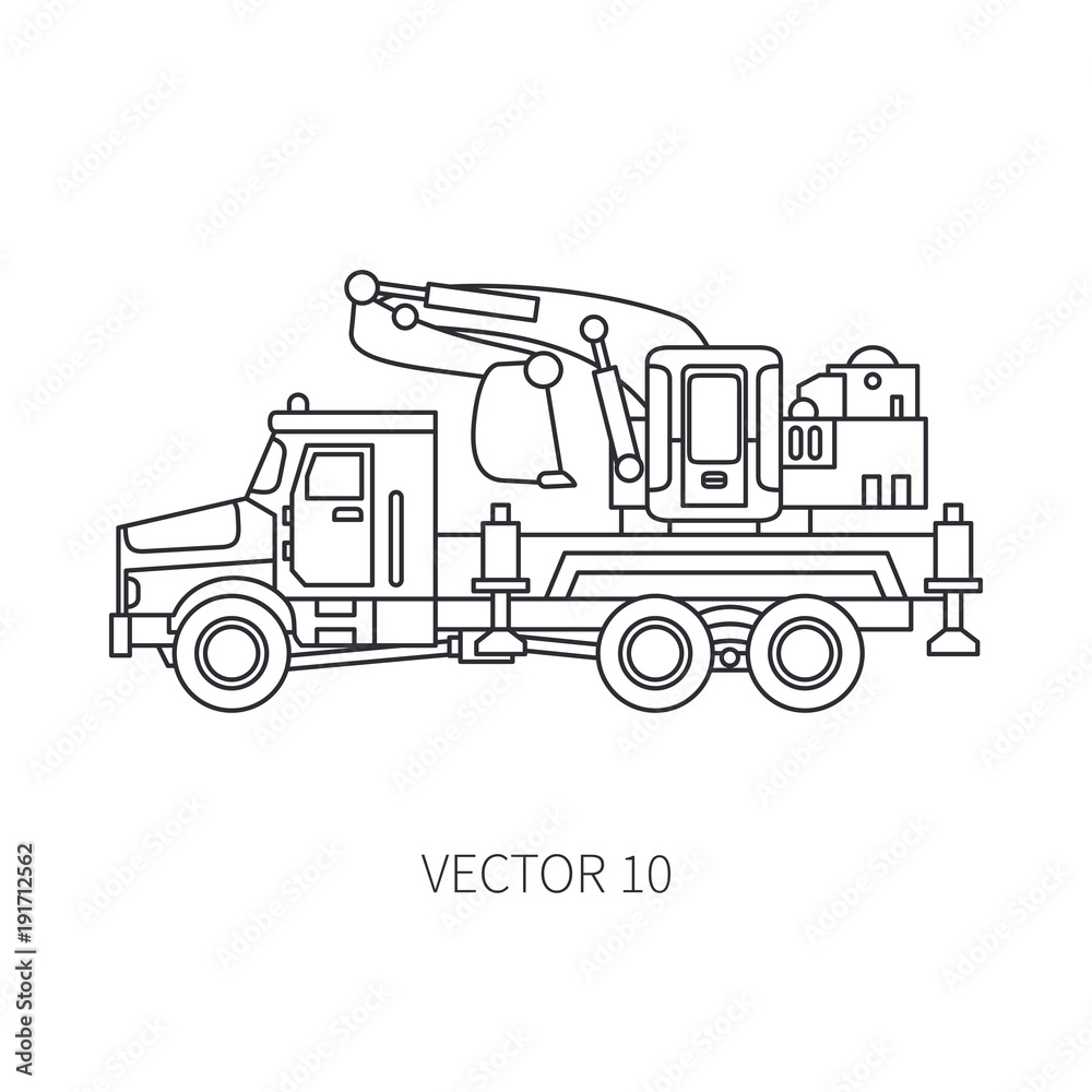 Fototapeta premium Line flat vector icon construction machinery truck excavator. Industrial style. Corporate cargo delivery. Commercial transportation. Building. Business. Engineering. Diesel. Illustration for design.