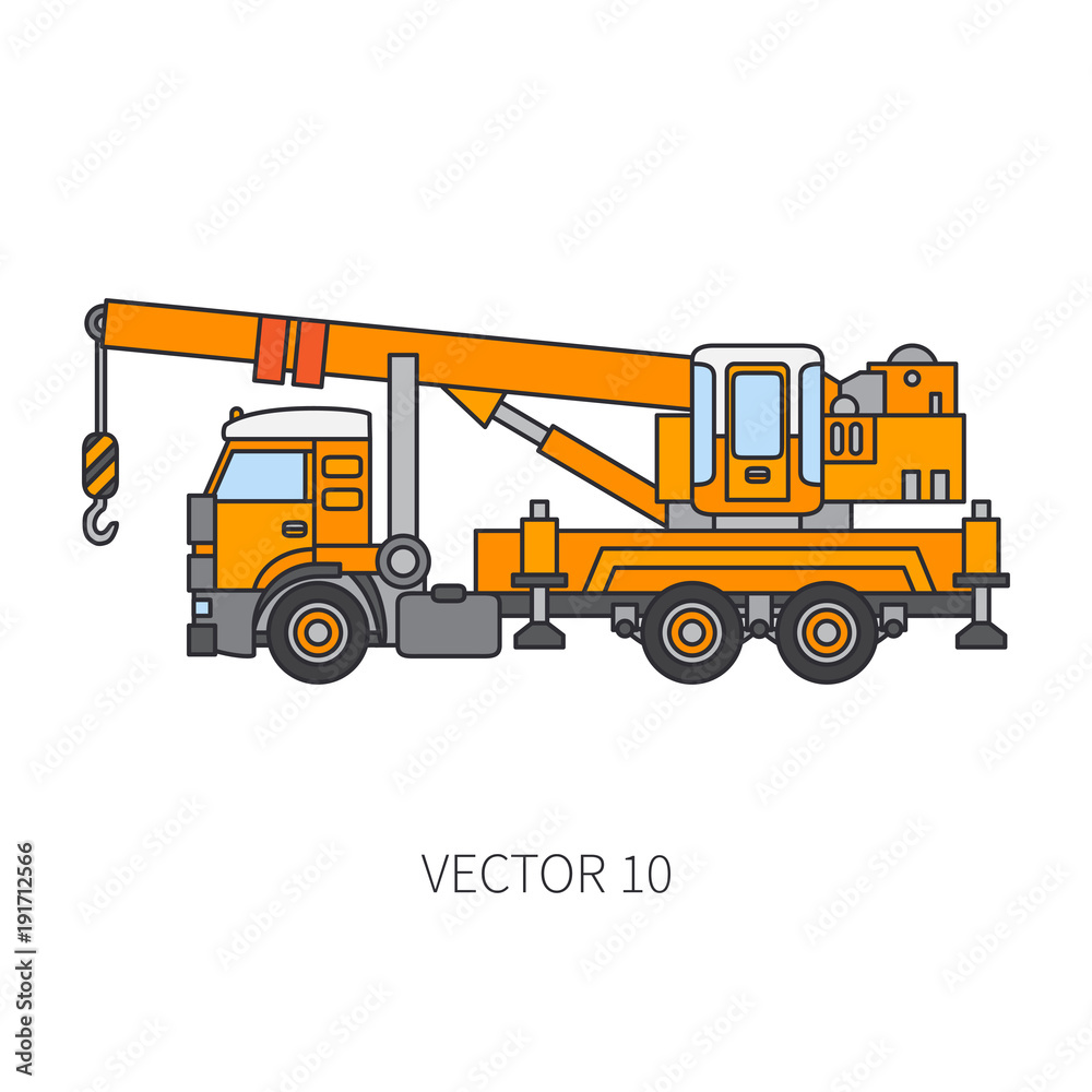 Color flat vector icon construction machinery truck auto crane. Industrial style. Corporate cargo delivery lift. Commercial transportation. Building. Business. Engineering. Diesel. Illustration design