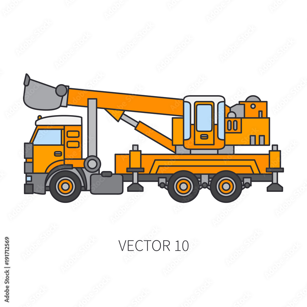 Color flat vector icon construction machinery truck excavator. Industrial style. Corporate cargo delivery. Commercial transportation. Building. Business. Engineering. Diesel. Illustration for design.