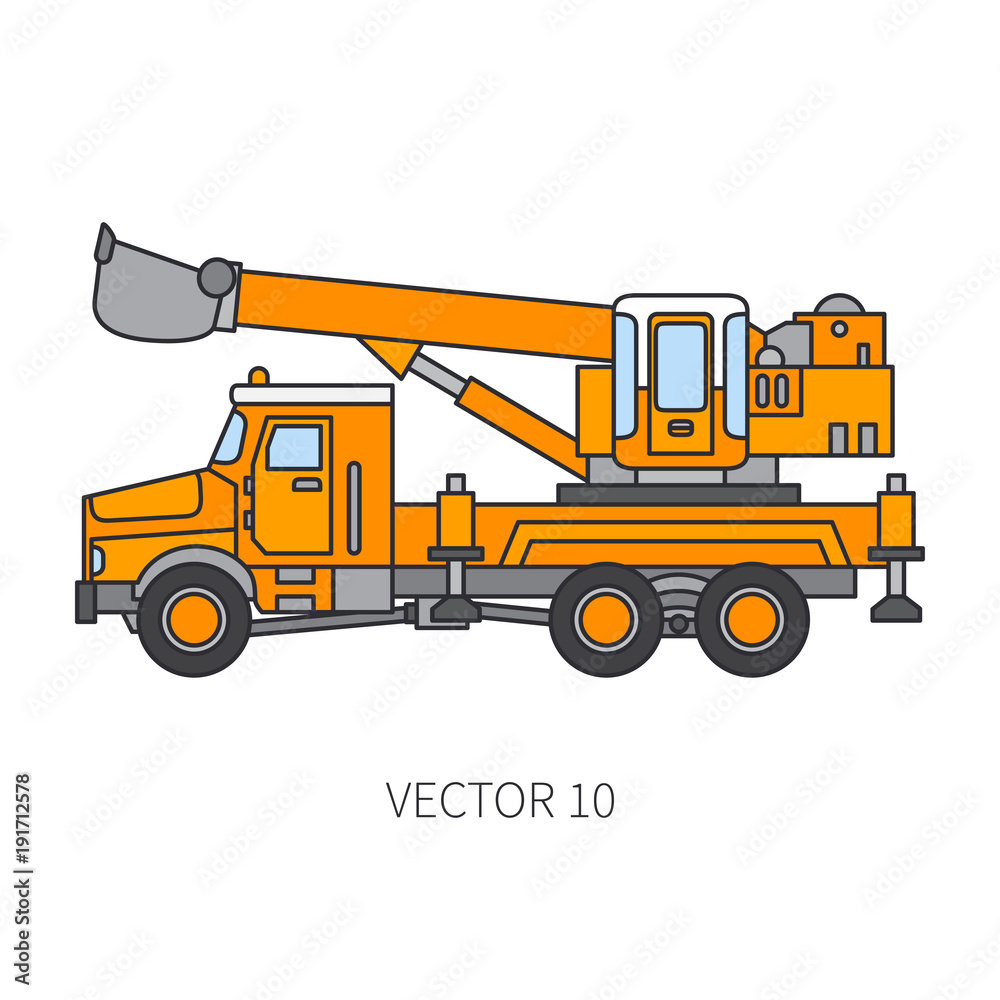 Color flat vector icon construction machinery truck excavator. Industrial style. Corporate cargo delivery. Commercial transportation. Building. Business. Engineering. Diesel. Illustration for design.