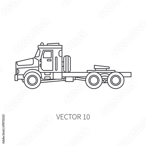 Line vector icon construction machinery truck container. Industrial style. Corporate cargo delivery. Commercial transportation. Building. Business. Engineering. Diesel power. Illustration for design.