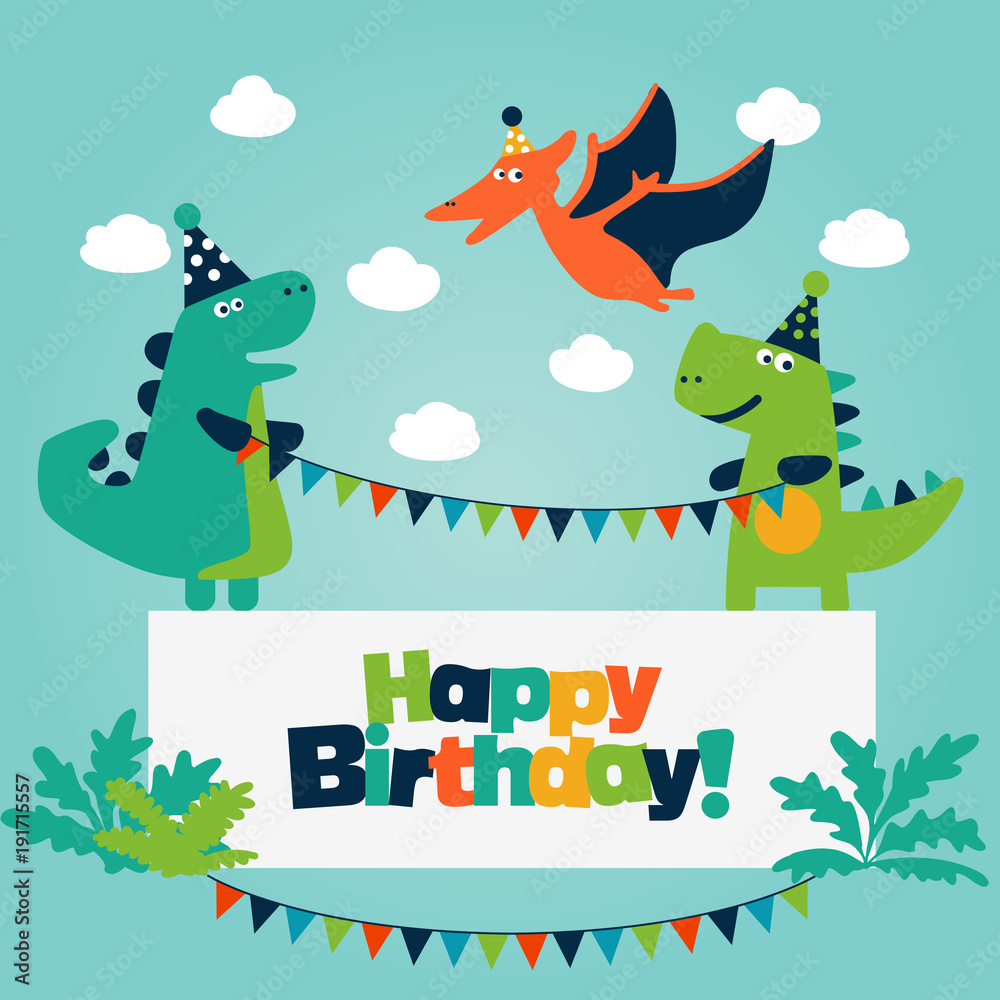 Fototapeta premium Happy birthday - lovely vector card with funny dinosaurs
