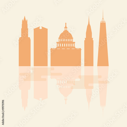 Silhouettes of famous buildings and modern buildings in the USA.