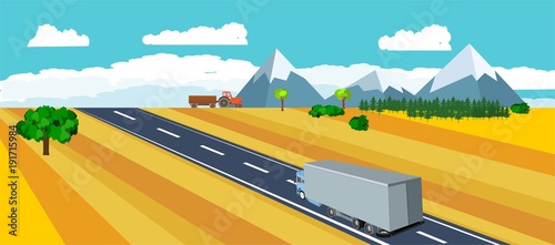 Truck driving along the highway, view from above, isometric vector illustration, horizontal flat, countryside