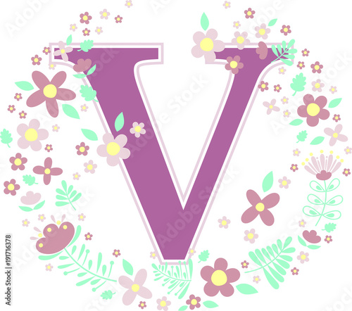 initial letter v with decorative flowers and design elements isolated on white background. can be used for baby name, nursery decoration, spring themes or wedding invitation.
