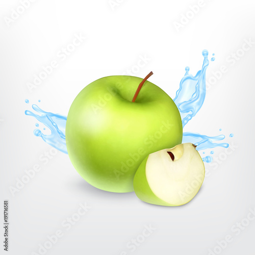 Green apple with water splash