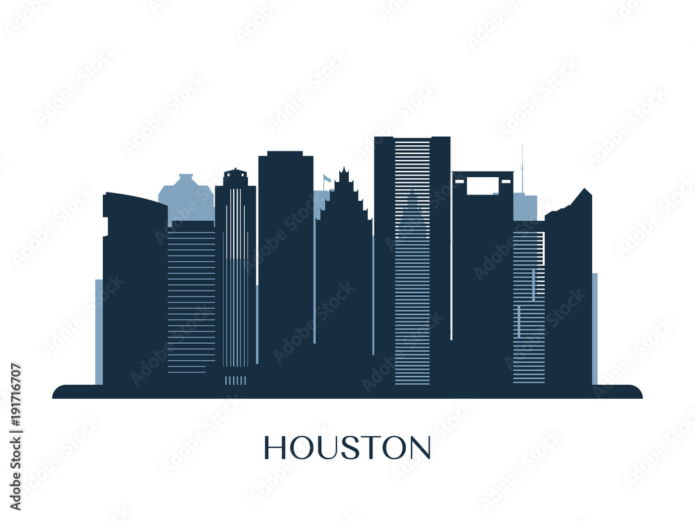 Houston skyline, monochrome silhouette. Vector illustration.