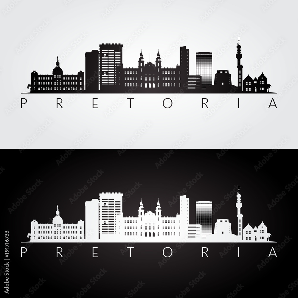 Pretoria skyline and landmarks silhouette, black and white design, vector illustration.