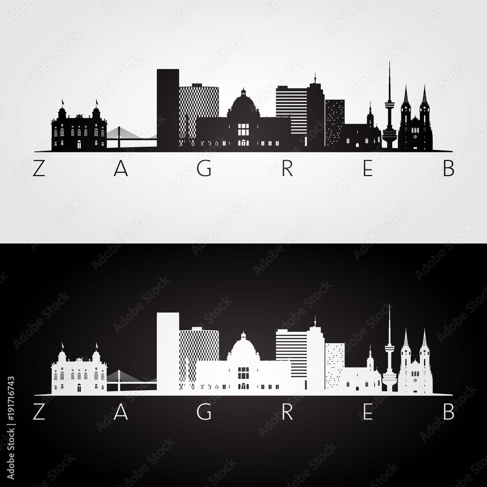 Zagreb skyline and landmarks silhouette, black and white design, vector illustration.